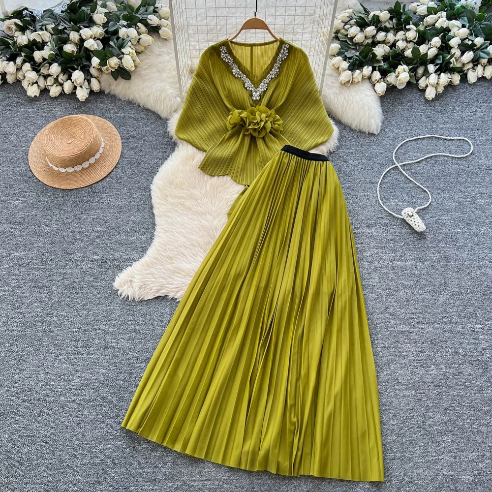 Clothland Women Elegant Blouse Skirt Suit Sashes Beaded Shirt Elastic Waist Long Pleated Skirts Candy Color Two Piece Set TA740
Clothland Women Elegant Blouse Skirt Suit Sashes Beaded Shirt Elastic Waist Long Pleated Skirts Candy Color Two Piece Set TA740