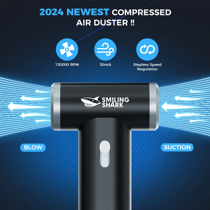 Smiling Shark Electric Air Duster, 130000 RPM Stepless Speed Cordless Compressed Rechargeable Aluminum Alloy Tiny Air Blower
Smiling Shark Electric Air Duster, 130000 RPM Stepless Speed Cordless Compressed Rechargeable Aluminum Alloy Tiny Air Blower