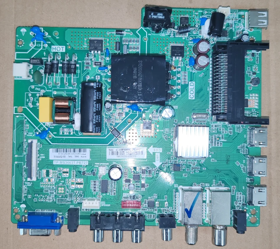 TP.MS3663T.PB727 Three in one TV motherboard tested with physical photos for 590MA 7 5W 40S393BF
TP.MS3663T.PB727 Three in one TV motherboard tested with physical photos for 590MA 7 5W 40S393BF