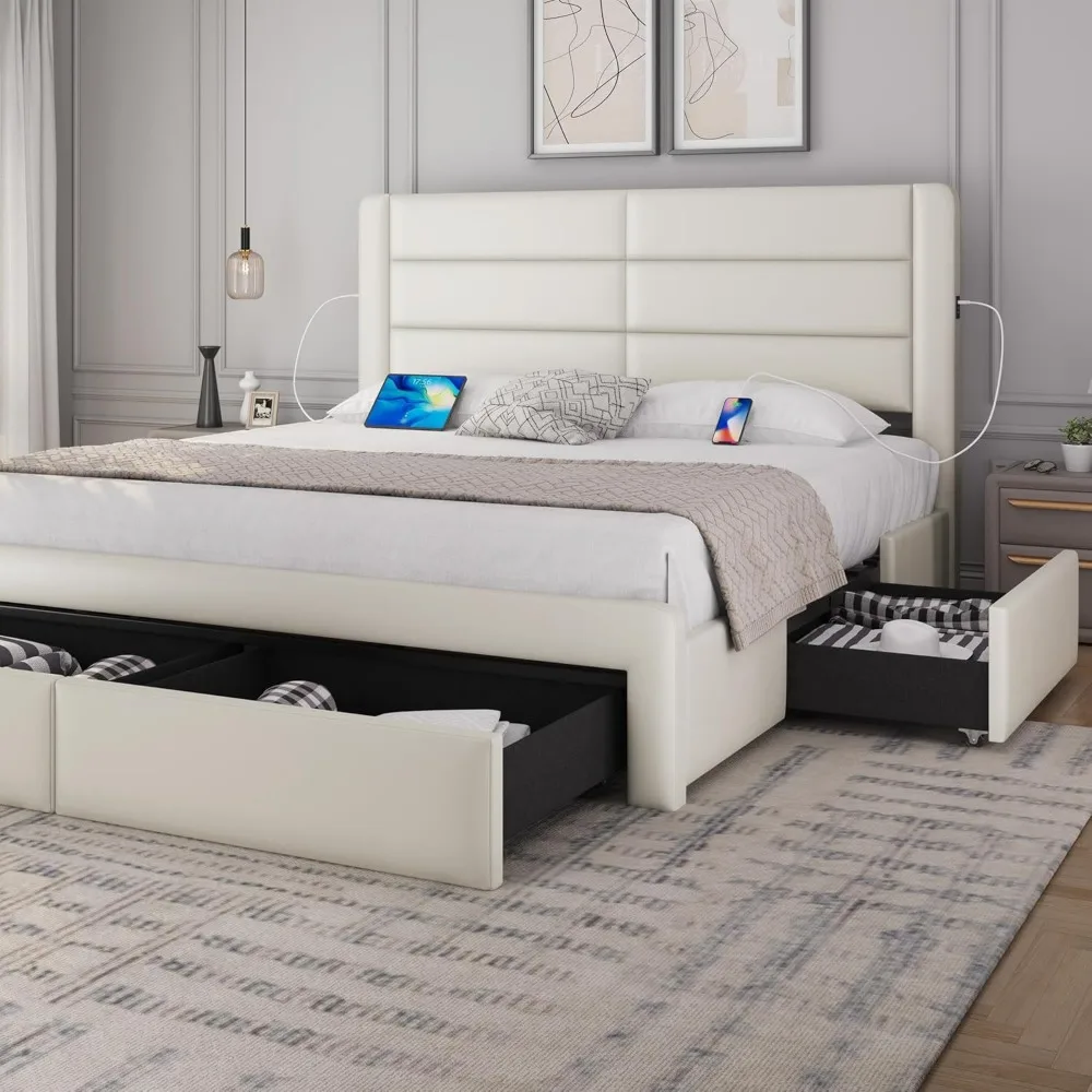 Yaheetech King Size Bed Frame with 2 USB Charging Station/Port for Type A&Type C/4 Storage Drawers, Leather Upholstered Platform 
Yaheetech King Size Bed Frame with 2 USB Charging Station/Port for Type A&Type C/4 Storage Drawers, Leather Upholstered Platform
