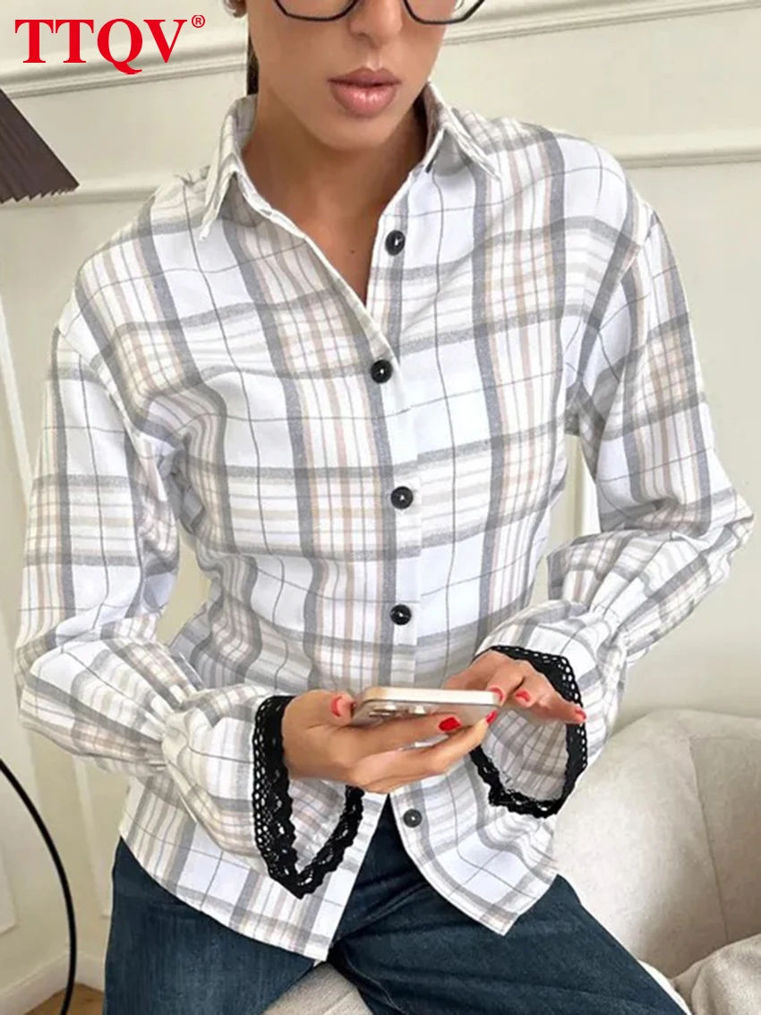 TTQV Fashion Slim Plaid Women's Blouse 2026 Casual Lapel Long Sleeve Lady Shirt Elegant Classic Lace Spliced Top Female Clothing
TTQV Fashion Slim Plaid Women's Blouse 2026 Casual Lapel Long Sleeve Lady Shirt Elegant Classic Lace Spliced Top Female Clothing
