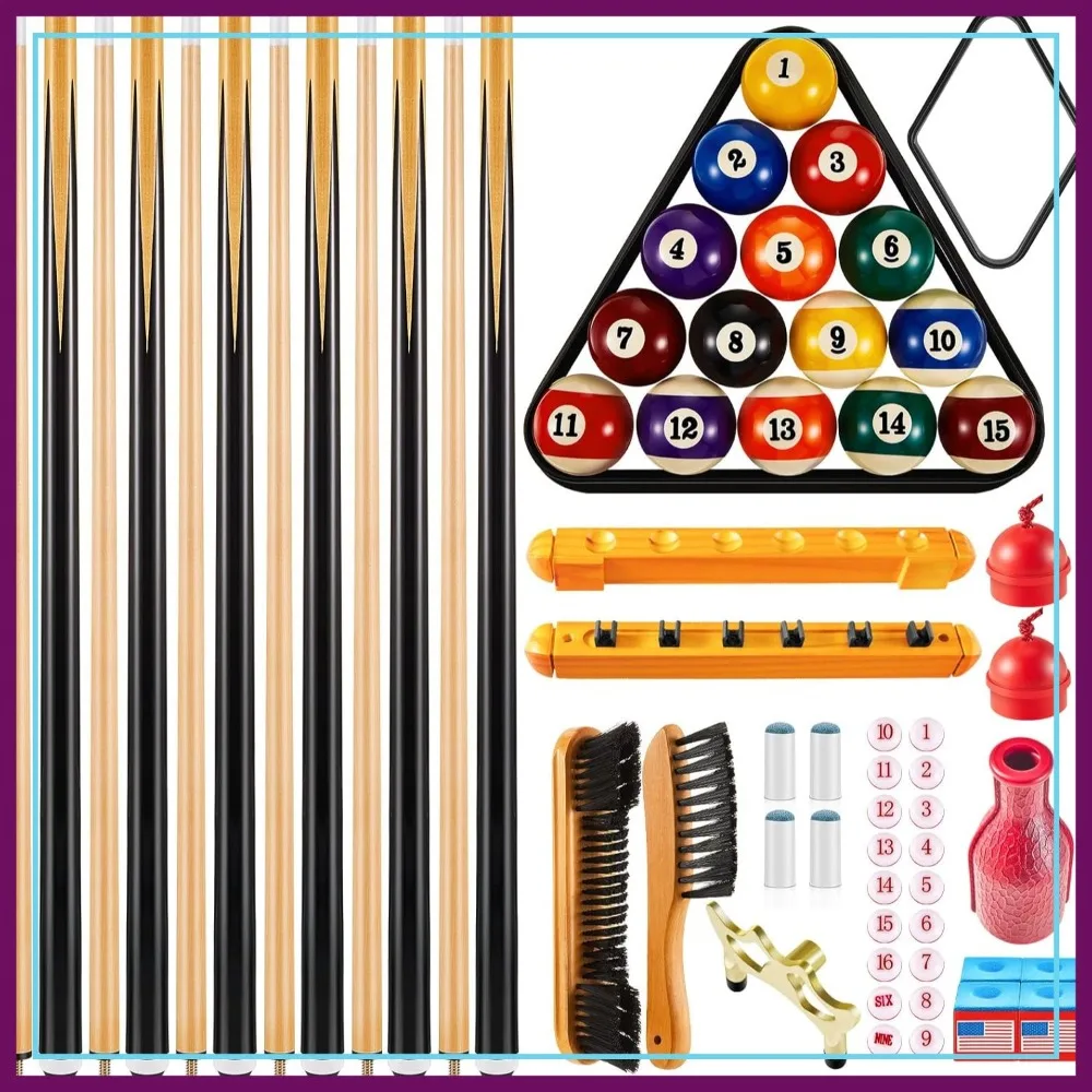 Complete Pool Table Set with 6 Cue Sticks, 16 Billiard Balls, Racks, Chalk, Tip Tool, Brushes, Score Holder for Tabletop Games
Complete Pool Table Set with 6 Cue Sticks, 16 Billiard Balls, Racks, Chalk, Tip Tool, Brushes, Score Holder for Tabletop Games