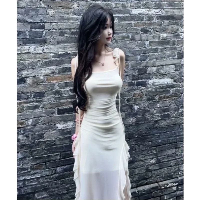 Sexy Mesh Side-slit Slim Dress Women Elegant Flounced Edge Decora Lace-up Strap Solid Dresses Korean Style Fashion Summer Robes
Sexy Mesh Side-slit Slim Dress Women Elegant Flounced Edge Decora Lace-up Strap Solid Dresses Korean Style Fashion Summer Robes