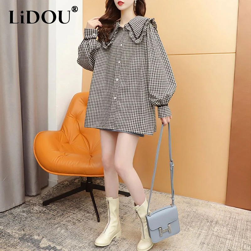 2023 Spring Autumn New Plaid Fashion Doll Collar Shirt Women High Street Casual Loose Button Sweet Elegant All-match Cardigan
2023 Spring Autumn New Plaid Fashion Doll Collar Shirt Women High Street Casual Loose Button Sweet Elegant All-match Cardigan