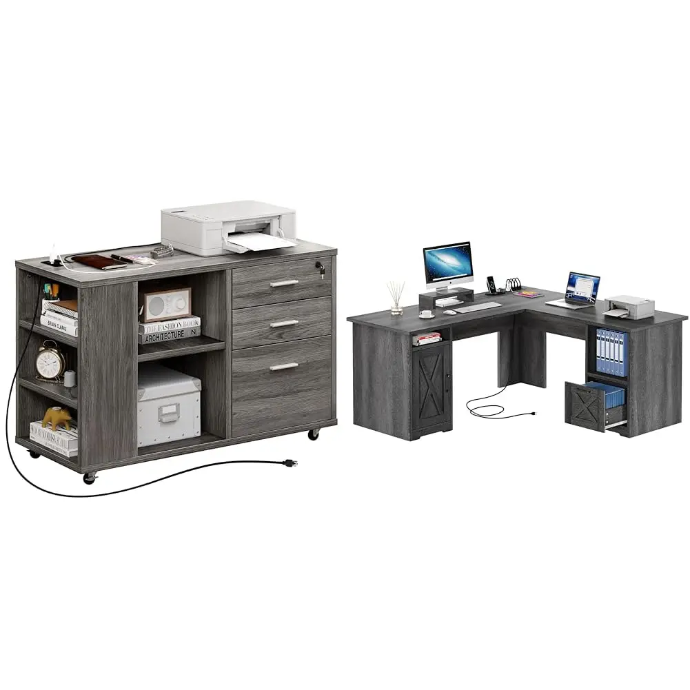 Grey L-Shaped Office Desk 60 Inch With Matching File Cabinet And Built-In Charging Station Bundle
Grey L-Shaped Office Desk 60 Inch With Matching File Cabinet And Built-In Charging Station Bundle