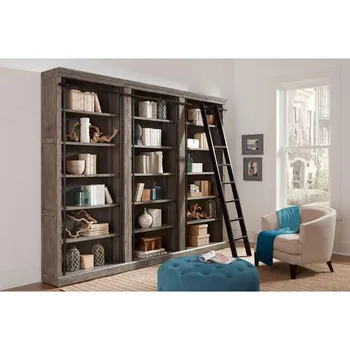 Avondale 8' Tall Bookcase Wall with Ladder, Storage Organizer, Display Shelf for Office, Gray