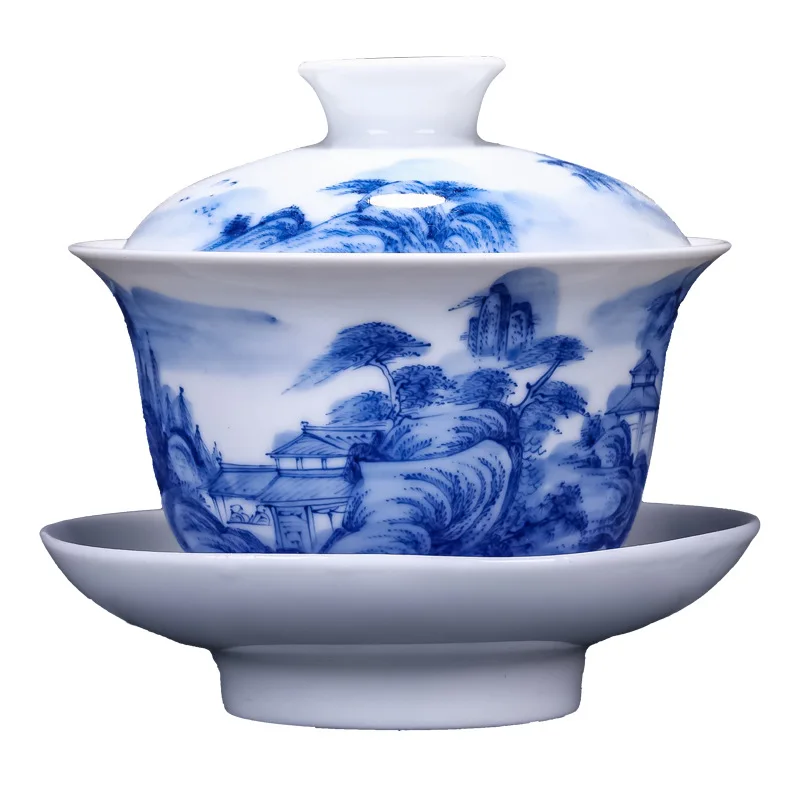High Quality Jingdezhen Gaiwan Tureen Hand Painted Blue and White Large Set Tea Cup Ceramic Ceremony Bowl Ware
High Quality Jingdezhen Gaiwan Tureen Hand Painted Blue and White Large Set Tea Cup Ceramic Ceremony Bowl Ware