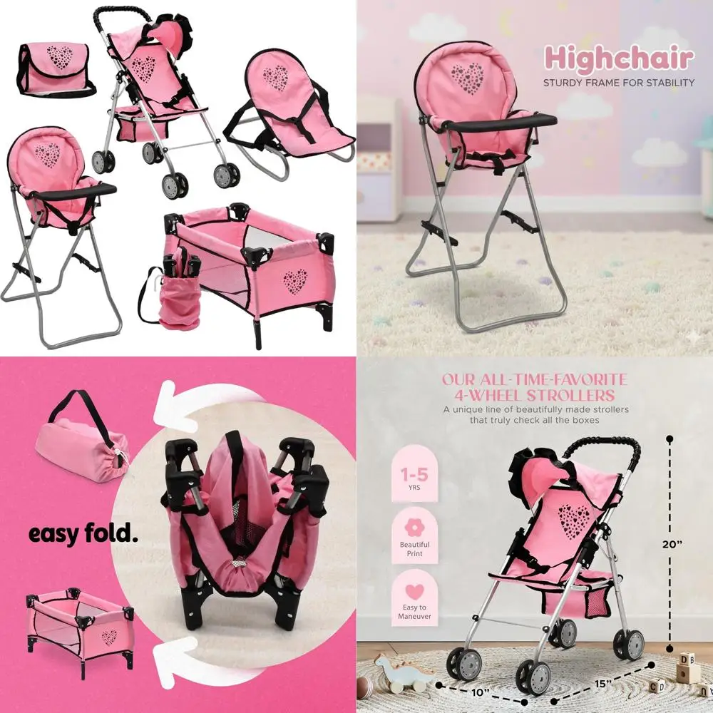 Baby Doll Stroller Bed Set with Deluxe Nursery Furniture, High Chair, Diaper Bag, and Heart-Themed Role Play Accessories
Baby Doll Stroller Bed Set with Deluxe Nursery Furniture, High Chair, Diaper Bag, and Heart-Themed Role Play Accessories