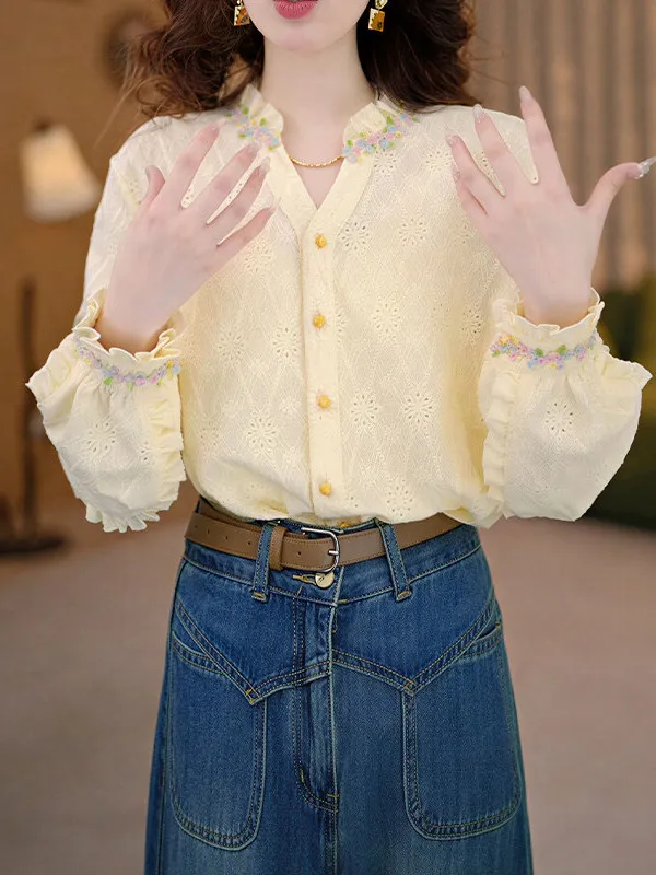 Elegant V-Neck Long Sleeve Embroidered Shirt Women's Fashion Spring Autumn New Style Lady's Shirt with Wood Grain
Elegant V-Neck Long Sleeve Embroidered Shirt Women's Fashion Spring Autumn New Style Lady's Shirt with Wood Grain