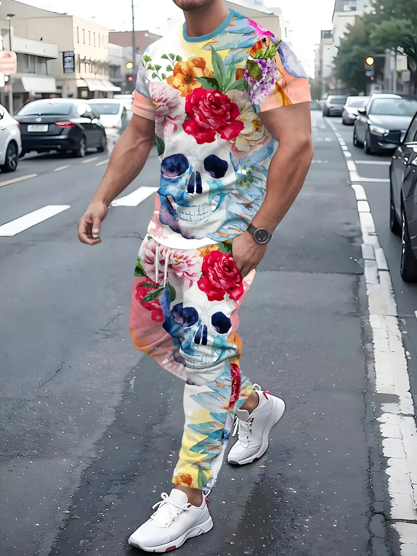Colorful Rose Skull Watercolor 3D Printed Couple's Pajama Set, Women's Men's T-shirt, Pants, Loose Home Couple Halloween Dress
Colorful Rose Skull Watercolor 3D Printed Couple's Pajama Set, Women's Men's T-shirt, Pants, Loose Home Couple Halloween Dress