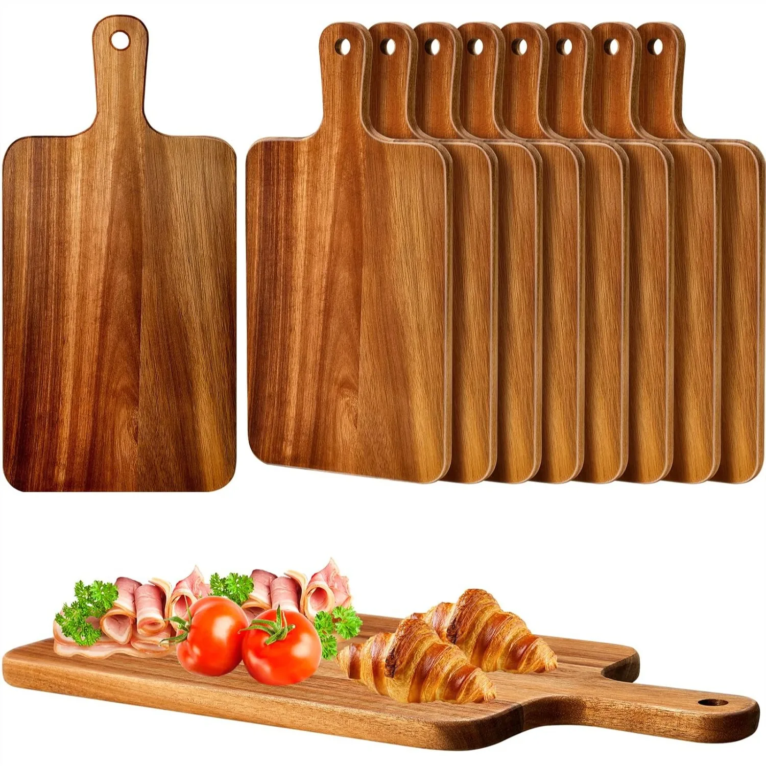 10 Pcs Acacia Wood Cutting Board with Handle, 15.7 x 7.8 Inch Wooden Serving Chopping Boards for Pizza, Bread, Cheese
10 Pcs Acacia Wood Cutting Board with Handle, 15.7 x 7.8 Inch Wooden Serving Chopping Boards for Pizza, Bread, Cheese