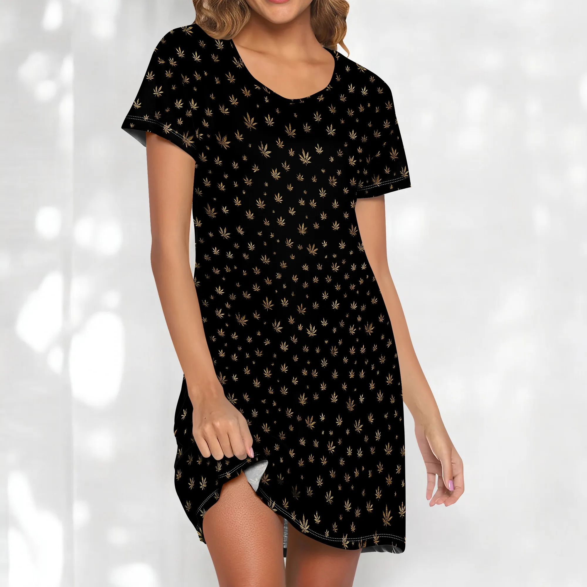 Women's Black Short Sleeve Dress S-3XL Gold Leaf Print Casual Tunic for Streetwear & Music Festival Style
Women's Black Short Sleeve Dress S-3XL Gold Leaf Print Casual Tunic for Streetwear & Music Festival Style