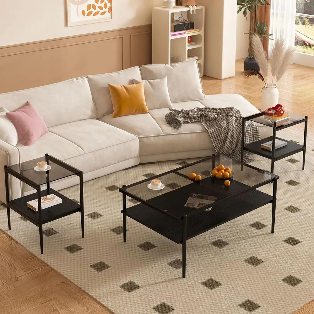 3-Piece Living Room Set: Black Metal & Glass Top Coffee and End Tables, Square Top Shelf, Sofa or Couch Side Tables
3-Piece Living Room Set: Black Metal & Glass Top Coffee and End Tables, Square Top Shelf, Sofa or Couch Side Tables