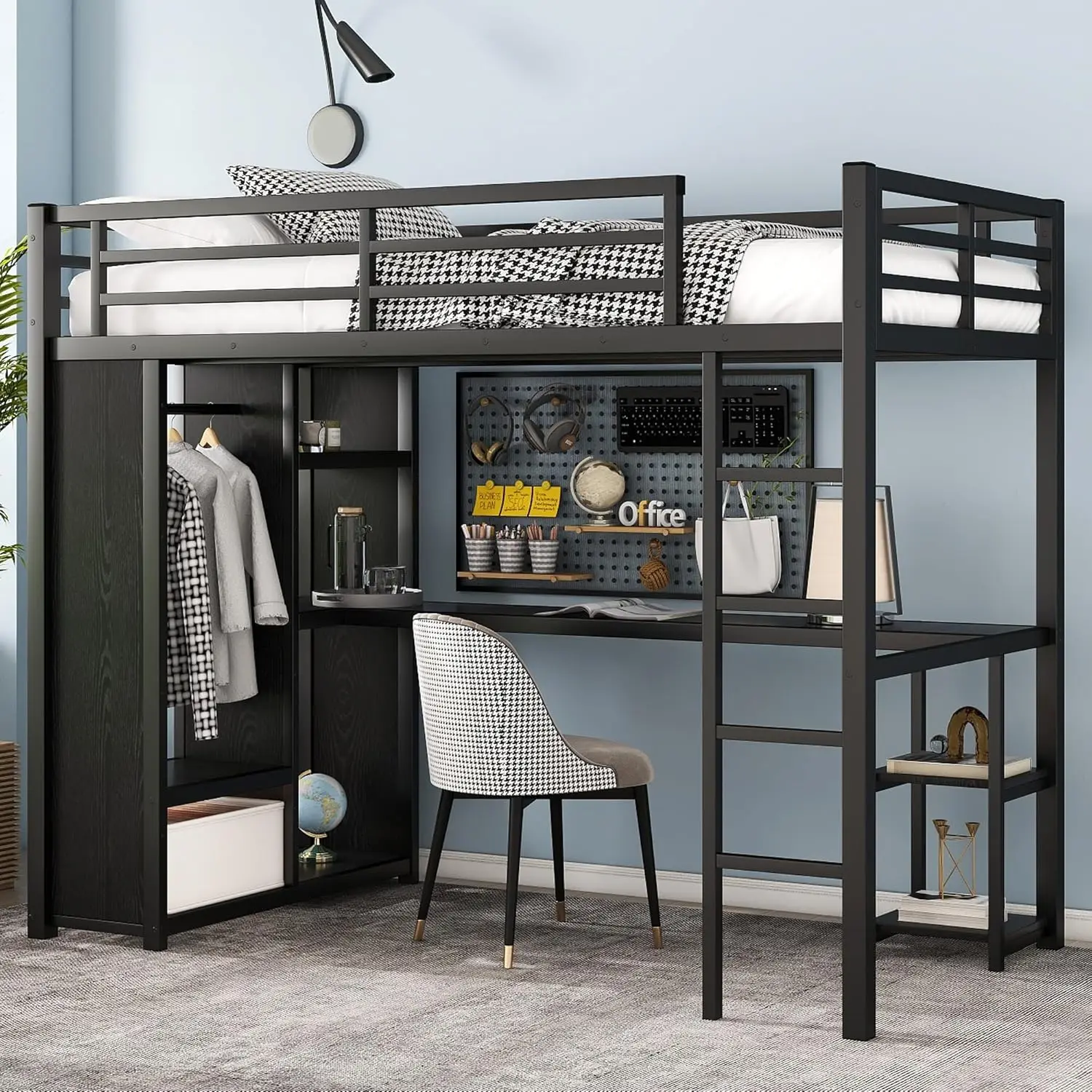 Twin XL Loft Bed with Desk & Wardrobe, Heavy Duty Metal Loft Bed with L-Shaped Desk, Storage Shelves and Open Wardrobe, Space
Twin XL Loft Bed with Desk & Wardrobe, Heavy Duty Metal Loft Bed with L-Shaped Desk, Storage Shelves and Open Wardrobe, Space
