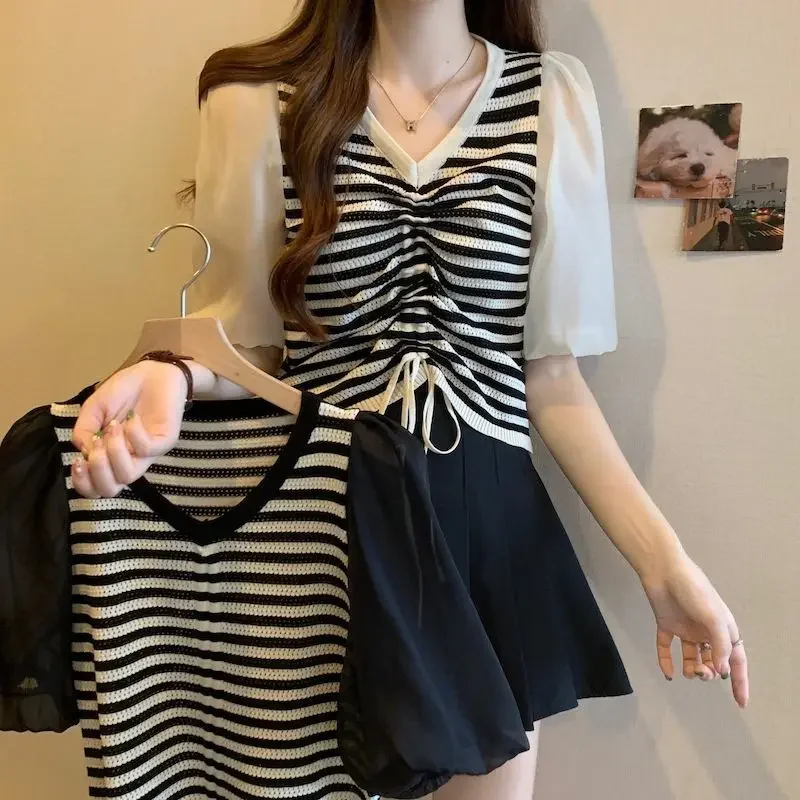 Women Blouses Mesh Chiffon Bubble Sleeve Shirt Women's Summer New Korean Version Drawstring Tied Short T-shirt Top
Women Blouses Mesh Chiffon Bubble Sleeve Shirt Women's Summer New Korean Version Drawstring Tied Short T-shirt Top