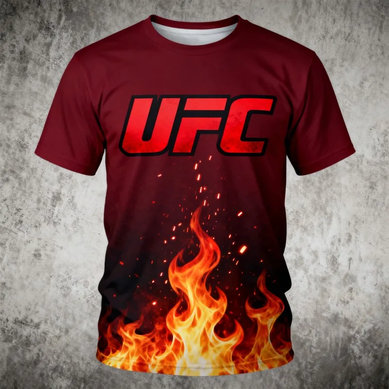 MOTO-New 3D printed UFC men's summer round neck T-shirt with flame pattern printed on the top
MOTO-New 3D printed UFC men's summer round neck T-shirt with flame pattern printed on the top