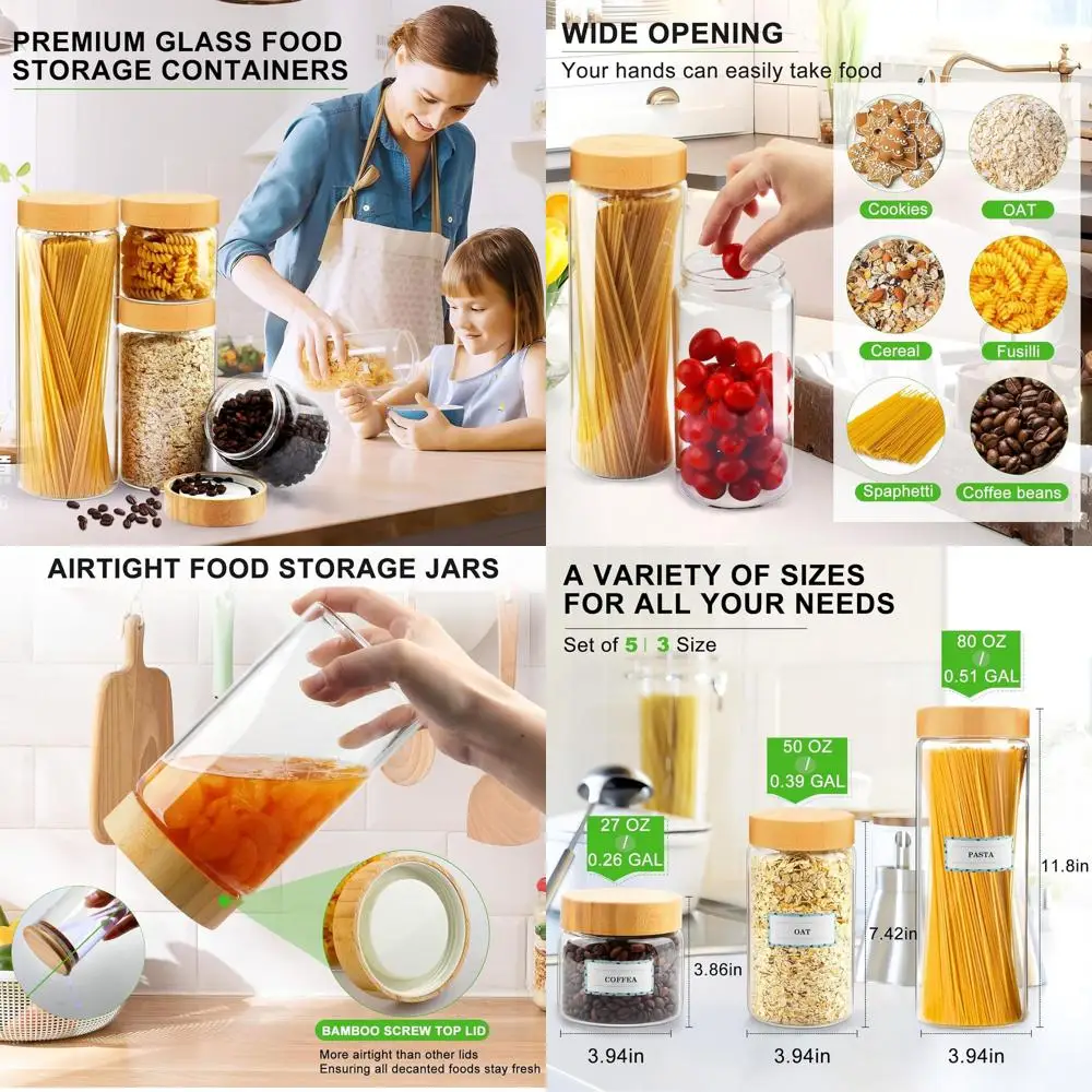 Набор из 5 стеклянных банок с бамбуковыми крышками, 80 унций, 50 унций, 27 унций для хранения кухонного печенья, макарон, круп
Набор из 5 стеклянных банок с бамбуковыми крышками, 80 унций, 50 унций, 27 унций для хранения кухонного печенья, макарон, круп