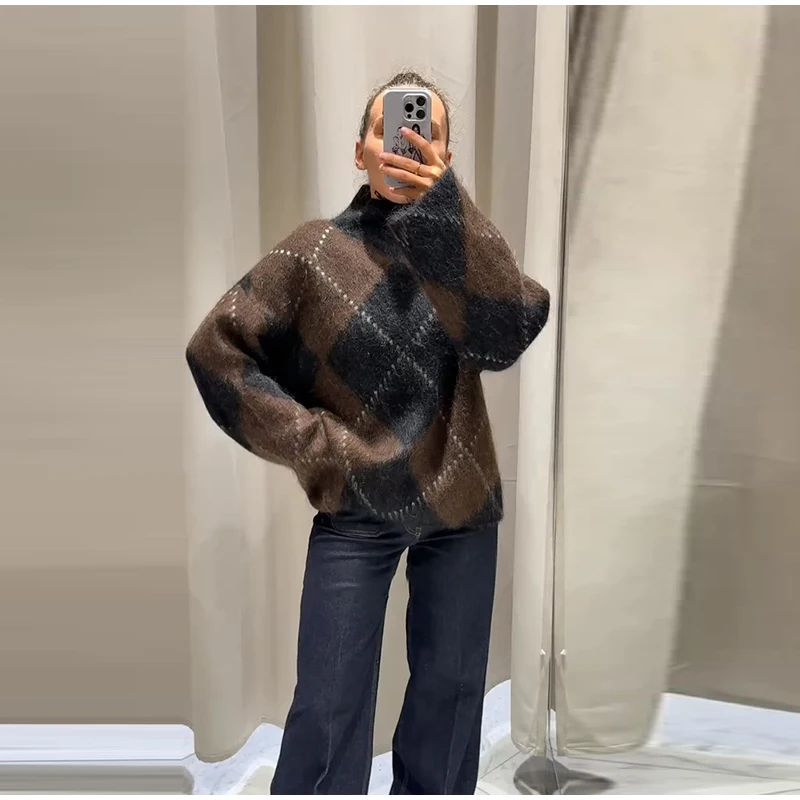Autumn New High-Neck Sweater, Loose Fit Long-Sleeve Diamond Pattern Knit Pullover for Women
Autumn New High-Neck Sweater, Loose Fit Long-Sleeve Diamond Pattern Knit Pullover for Women
