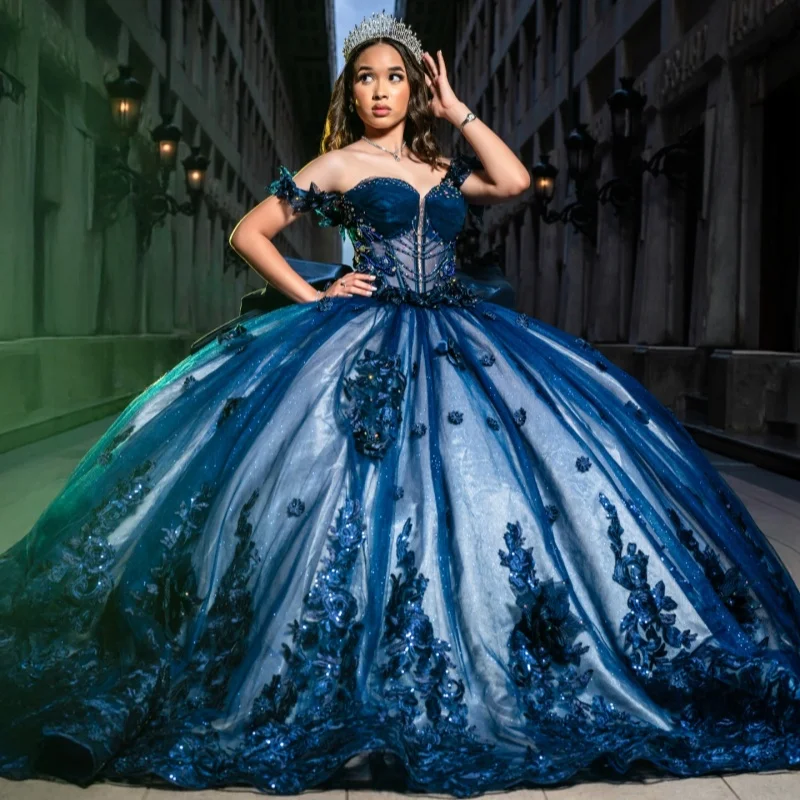 Blue Quinceanera Dress off-shoulder Glitter Crystal Flower Decal Long tail Bow vestidos de 15 Quinceanera Customized
Blue Quinceanera Dress off-shoulder Glitter Crystal Flower Decal Long tail Bow vestidos de 15 Quinceanera Customized