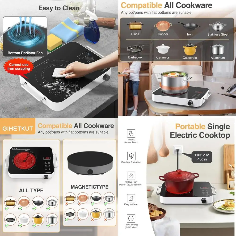 Portable 1800W 110V Single Burner Electric Cooktop with Double Ring Heating, 4-Hour Timer and Knob Control
Portable 1800W 110V Single Burner Electric Cooktop with Double Ring Heating, 4-Hour Timer and Knob Control