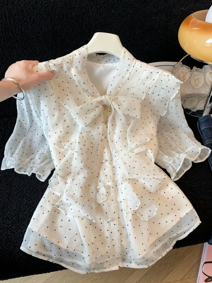 Korean Style Polka Dot Short Sleeve Women's Shirt Beautiful Knot Chiffon Top Fashionable Summer New Arrival
Korean Style Polka Dot Short Sleeve Women's Shirt Beautiful Knot Chiffon Top Fashionable Summer New Arrival