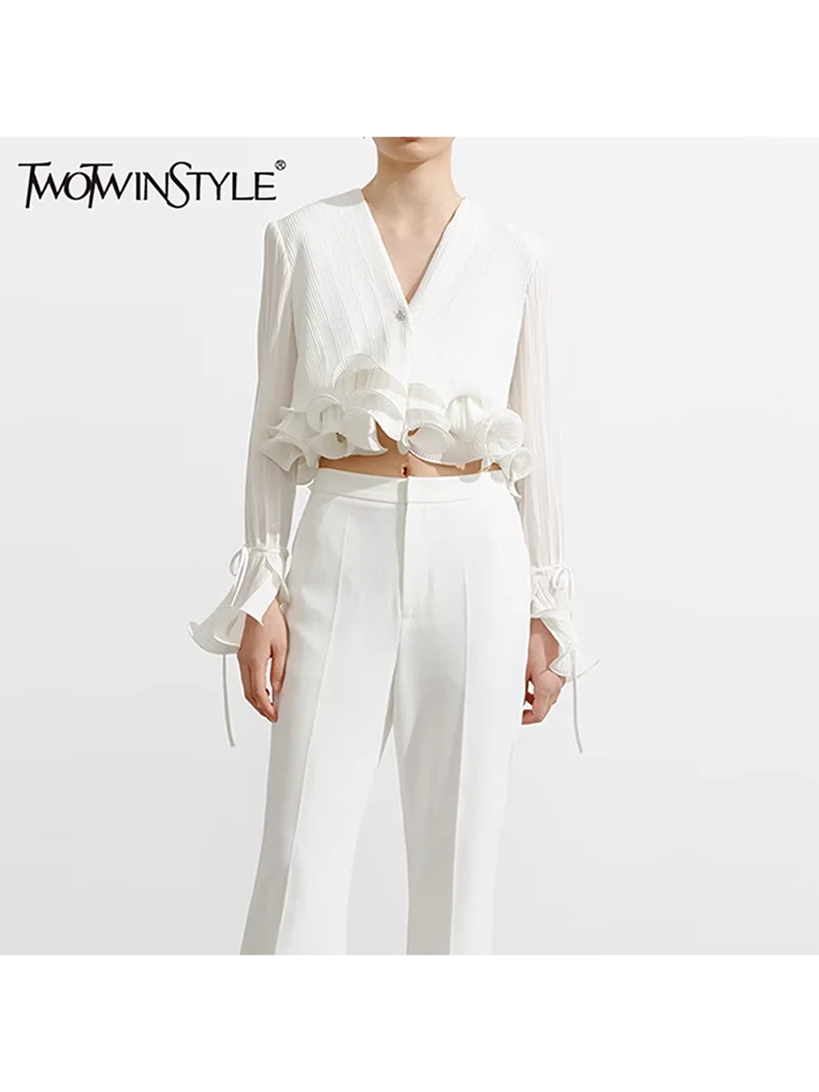TWOTWINSTYLE Solid Spliced Ruffles Slimming Blouses For Women V Neck Long Sleeve Temperament Shirts Female Fashion Style Clothes
TWOTWINSTYLE Solid Spliced Ruffles Slimming Blouses For Women V Neck Long Sleeve Temperament Shirts Female Fashion Style Clothes