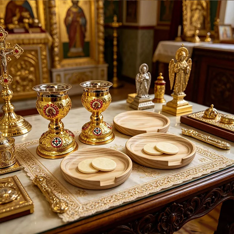 Traditional Byzantine Orthodox Altar Set Gold Metal Chalice and Wood Tray for Prosphora Bread Church Religious Home Decoration
Traditional Byzantine Orthodox Altar Set Gold Metal Chalice and Wood Tray for Prosphora Bread Church Religious Home Decoration