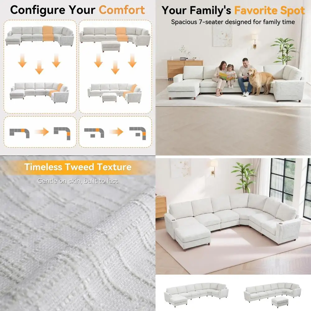 Большой изогнутый секционный диван на 7 мест с оттоманкой для хранения и подстаканниками для гостиной, бежевый
Большой изогнутый секционный диван на 7 мест с оттоманкой для хранения и подстаканниками для гостиной, бежевый