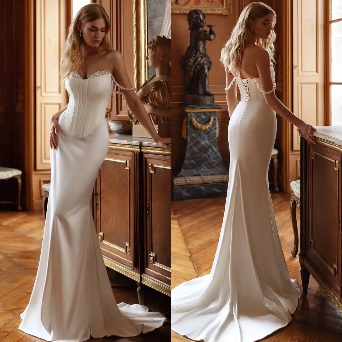 Satin Modern Mermaid Dresses Bridal Gowns Pearls Off Shoulder Wedding Dress Lace Up Back Custom Made Robe De Mariee 
Satin Modern Mermaid Dresses Bridal Gowns Pearls Off Shoulder Wedding Dress Lace Up Back Custom Made Robe De Mariee