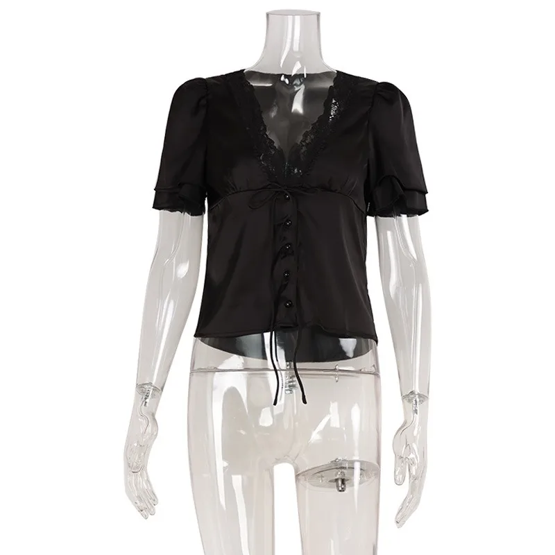 Summer Women Chic V Neck Shirt Tops Short Sleeve Satin Blouse Y2K Trim Tie Front Shirt Solid Color Slim Fit Tops
Summer Women Chic V Neck Shirt Tops Short Sleeve Satin Blouse Y2K Trim Tie Front Shirt Solid Color Slim Fit Tops