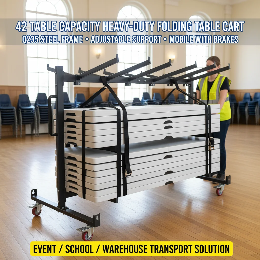 Folding Table Cart Heavy Duty 42 Tables Capacity, Q235 Steel Transport Trolley with Wheels, Adjustable Support 33.9x72x44.9in
Folding Table Cart Heavy Duty 42 Tables Capacity, Q235 Steel Transport Trolley with Wheels, Adjustable Support 33.9x72x44.9in