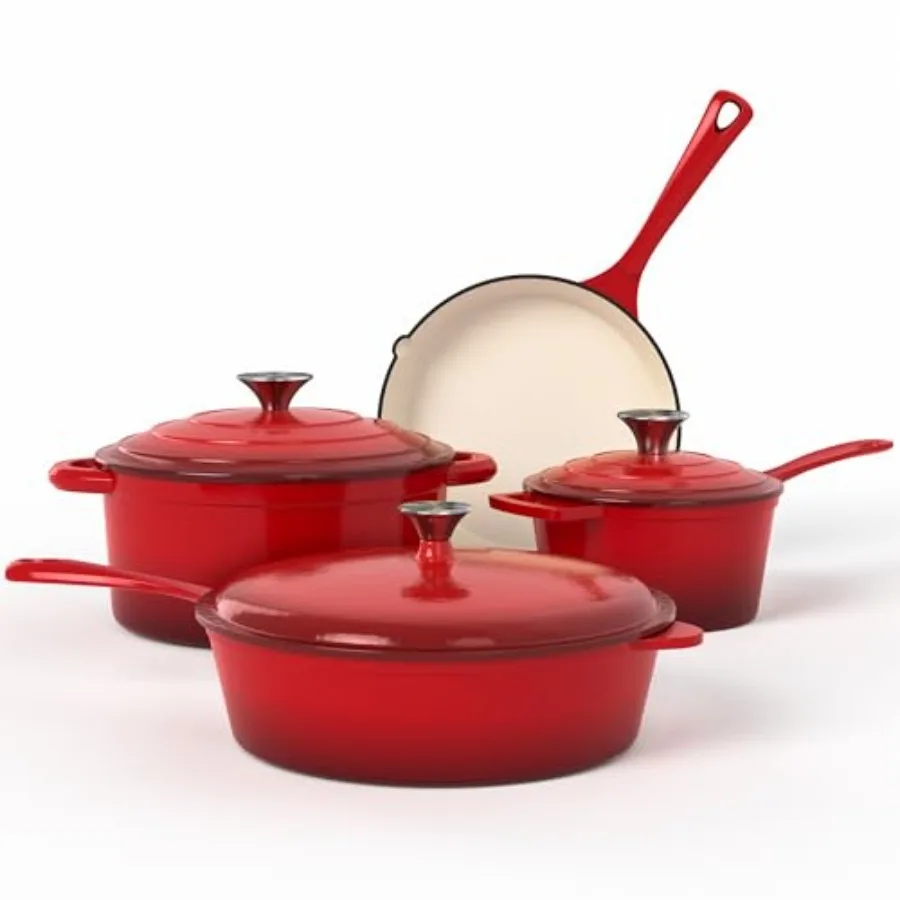 Kitchen enameled cast iron cookware set: red, non-toxic, PFOA PFAS free, induction-compatible Dutch oven and pots pans set
Kitchen enameled cast iron cookware set: red, non-toxic, PFOA PFAS free, induction-compatible Dutch oven and pots pans set