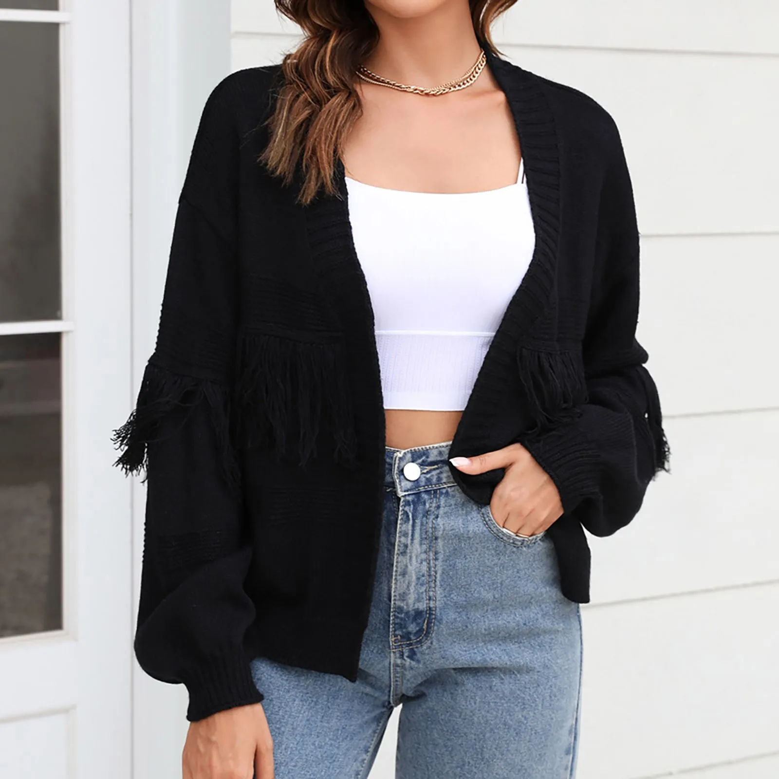 Women's Long Sleeved Solid Color Short Knitted Cardigan Fringed Sweater Cardigan
Women's Long Sleeved Solid Color Short Knitted Cardigan Fringed Sweater Cardigan