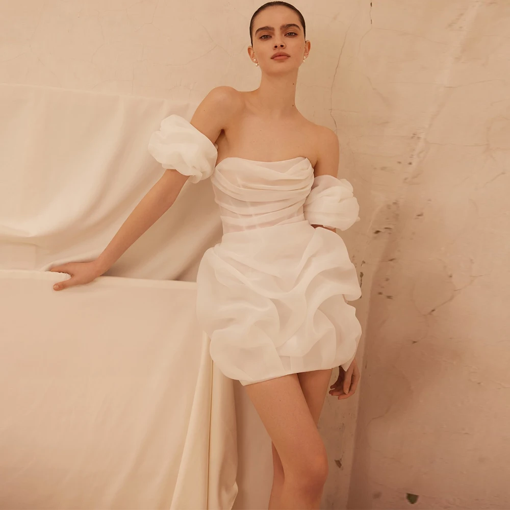 Simple Civil Wedding Dresses Tulle A-line Women's Wedding Dress Mini Ivory Strapless Puff Sleeve Ruched Short Bridal Gown 2025 
Simple Civil Wedding Dresses Tulle A-line Women's Wedding Dress Mini Ivory Strapless Puff Sleeve Ruched Short Bridal Gown 2025