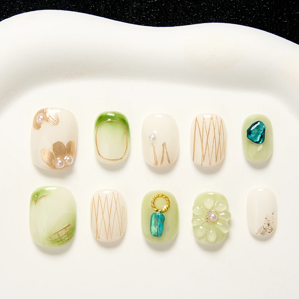 10pcs Handmade Press on Nails Short oval Green&Gold Smudged Flower Full Coverage Nail for Women&Girl Removable Wearable Nail
10pcs Handmade Press on Nails Short oval Green&Gold Smudged Flower Full Coverage Nail for Women&Girl Removable Wearable Nail