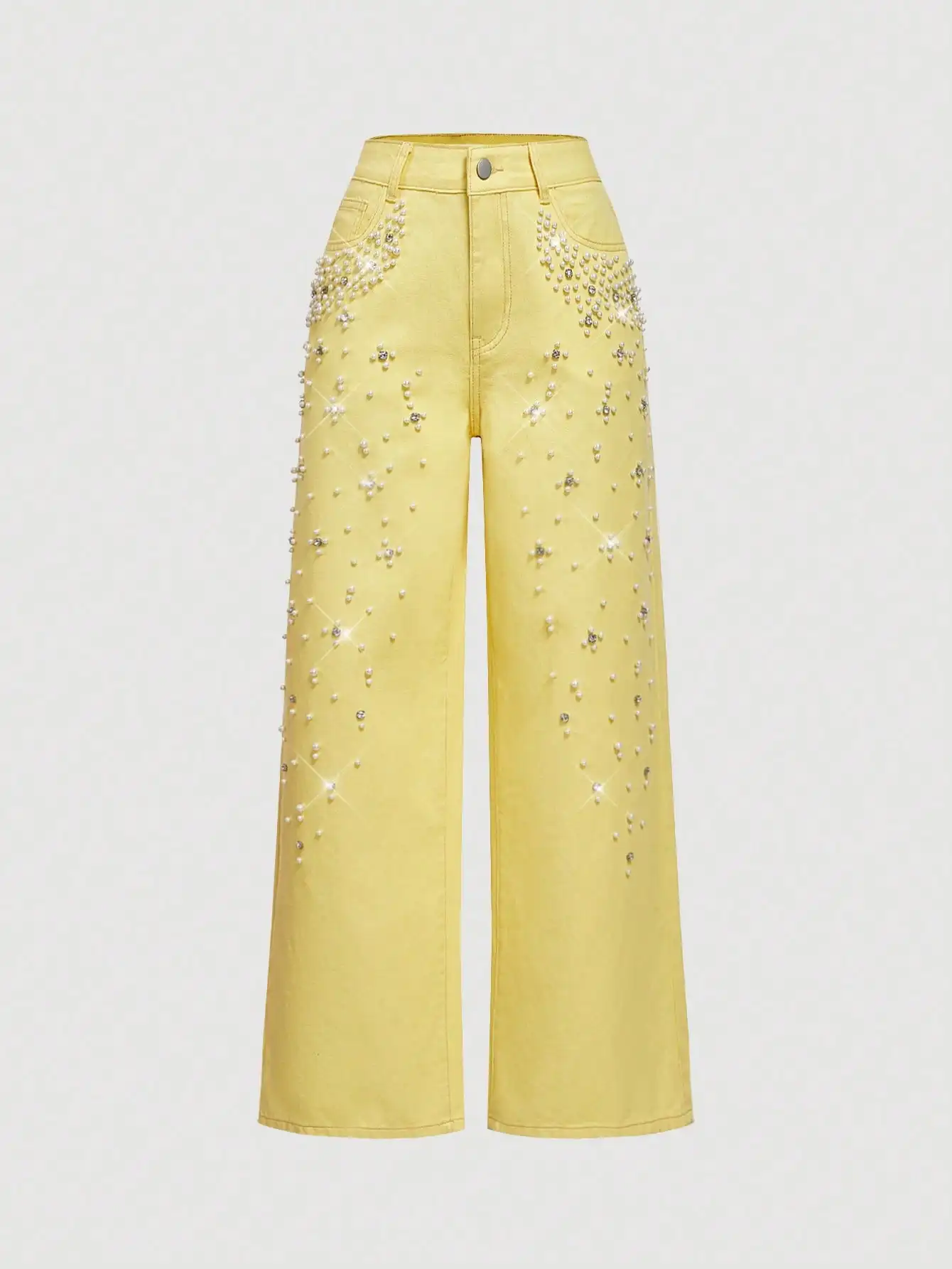 Yellow Wide Leg Jeans with Pearl and Rhinestone Embellishments
Yellow Wide Leg Jeans with Pearl and Rhinestone Embellishments