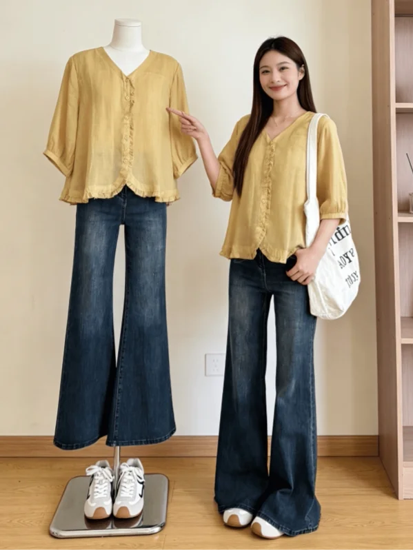 Yellow Lace Trim V-Neck Short Sleeve Shirt Women's Spring Summer New Style plus Size Thin Chiffon Top Korean Style Commute
Yellow Lace Trim V-Neck Short Sleeve Shirt Women's Spring Summer New Style plus Size Thin Chiffon Top Korean Style Commute