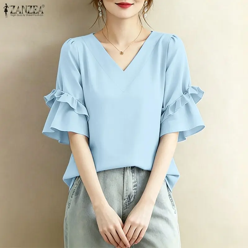 ZANZEA Women Ruffles Trim Blouses V-Neck Half Flare Sleeve Pullover Tops Summer Elegant Daily Casual Solid Color Blusas de Mujer
ZANZEA Women Ruffles Trim Blouses V-Neck Half Flare Sleeve Pullover Tops Summer Elegant Daily Casual Solid Color Blusas de Mujer