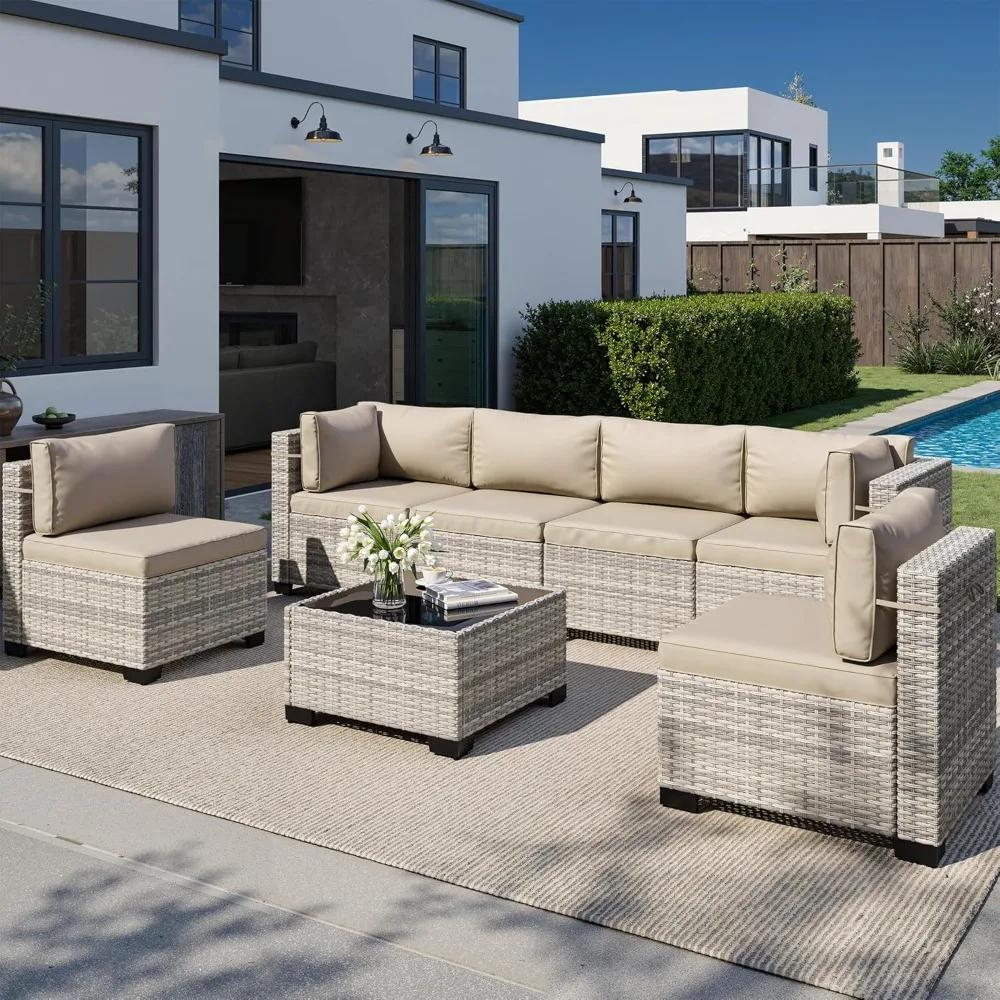 Outdoor Patio Furniture Set: 7-Piece PE Wicker Rattan Sectional Sofa with Tempered Glass Table and Plush Cushions
Outdoor Patio Furniture Set: 7-Piece PE Wicker Rattan Sectional Sofa with Tempered Glass Table and Plush Cushions
