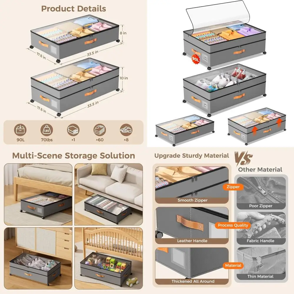 Large Rolling Underbed Storage Boxes with Clear Lids for Clothes, Shoes, and Blankets Organization
Large Rolling Underbed Storage Boxes with Clear Lids for Clothes, Shoes, and Blankets Organization