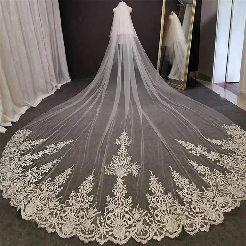 Elegant Wedding Bridal Veil 3 Meters Long Cathedral Lace Appliques Two Layer White Veil Wedding Bridal Accessories 
Elegant Wedding Bridal Veil 3 Meters Long Cathedral Lace Appliques Two Layer White Veil Wedding Bridal Accessories