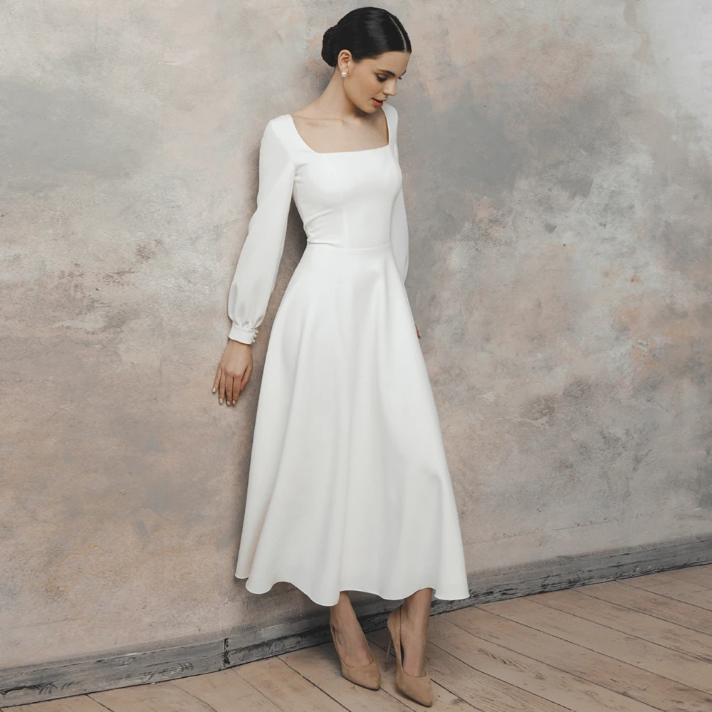 Elegant A-Line Square Collar Short Wedding Dress Customized Long Sleeves Tea Length Zipper Back Bridal Gowns Vestido De Novia
Elegant A-Line Square Collar Short Wedding Dress Customized Long Sleeves Tea Length Zipper Back Bridal Gowns Vestido De Novia