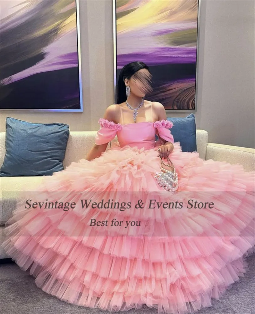 Sevintage Pink Tulle Prom Dresses Off The Shoulder With Flowers Layered Skirt Wedding Party Gowns Women Formal Evening Dress
Sevintage Pink Tulle Prom Dresses Off The Shoulder With Flowers Layered Skirt Wedding Party Gowns Women Formal Evening Dress