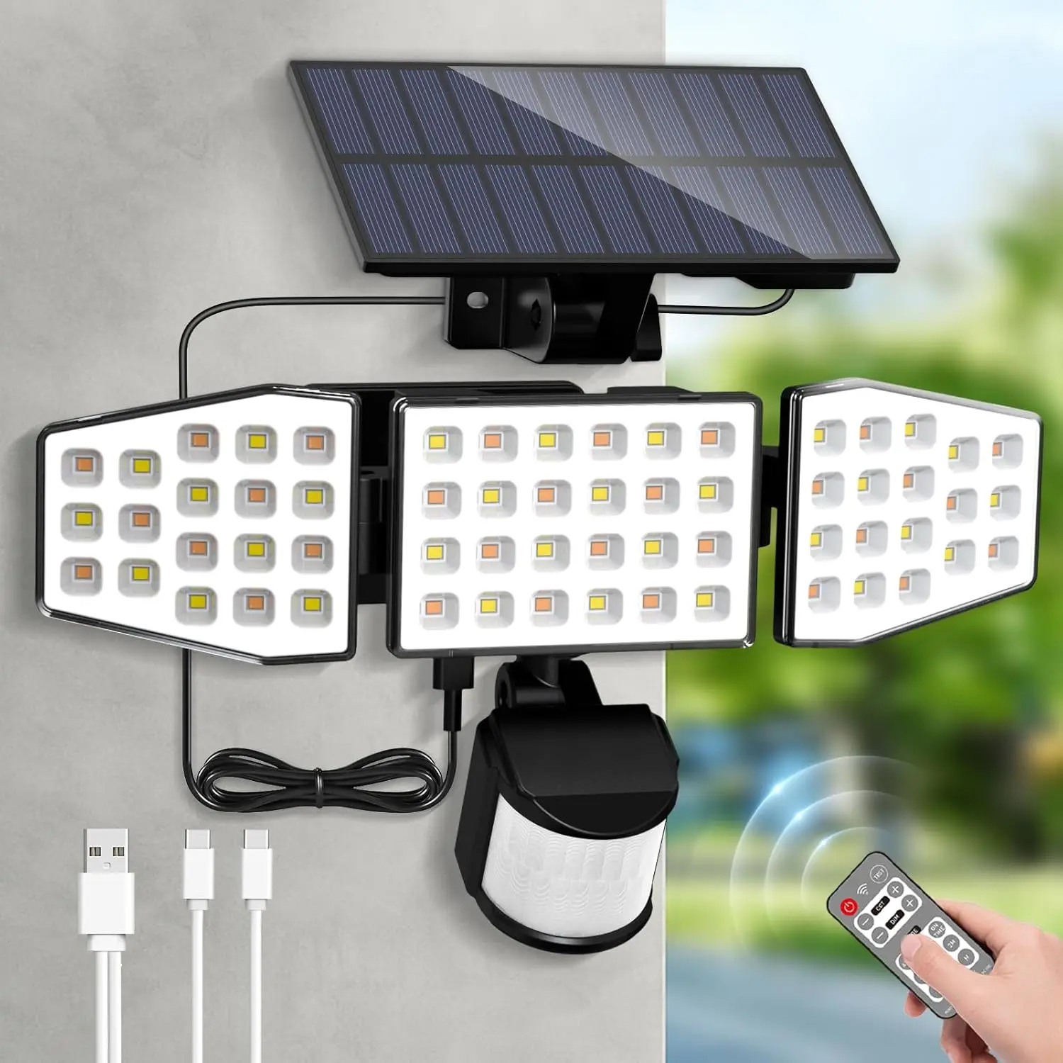 Solar Lights Outdoor with Motion Sensor, 3 Heads Dimmable Security Light, IP54 Waterproof, Remote Control, 3 Modes for Garden Ya
Solar Lights Outdoor with Motion Sensor, 3 Heads Dimmable Security Light, IP54 Waterproof, Remote Control, 3 Modes for Garden Ya