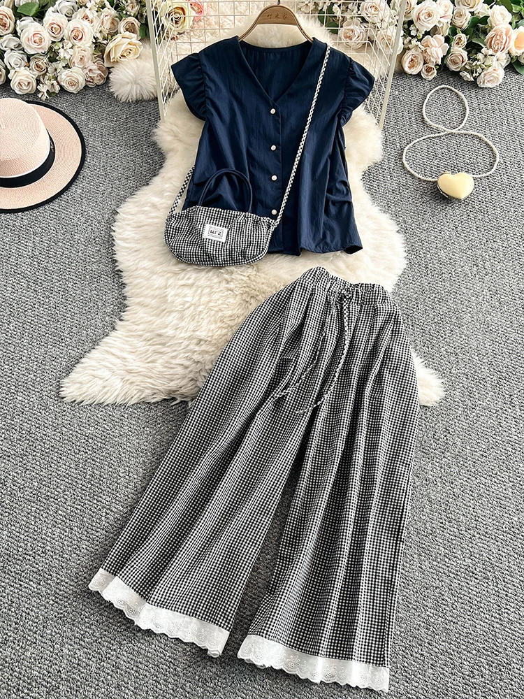 Korean Style Fashion Three-piece Suit Flying Sleeve Shirts+high Waist Lace Patchwork Pant+plaid Bag Summer Women Clothing
Korean Style Fashion Three-piece Suit Flying Sleeve Shirts+high Waist Lace Patchwork Pant+plaid Bag Summer Women Clothing