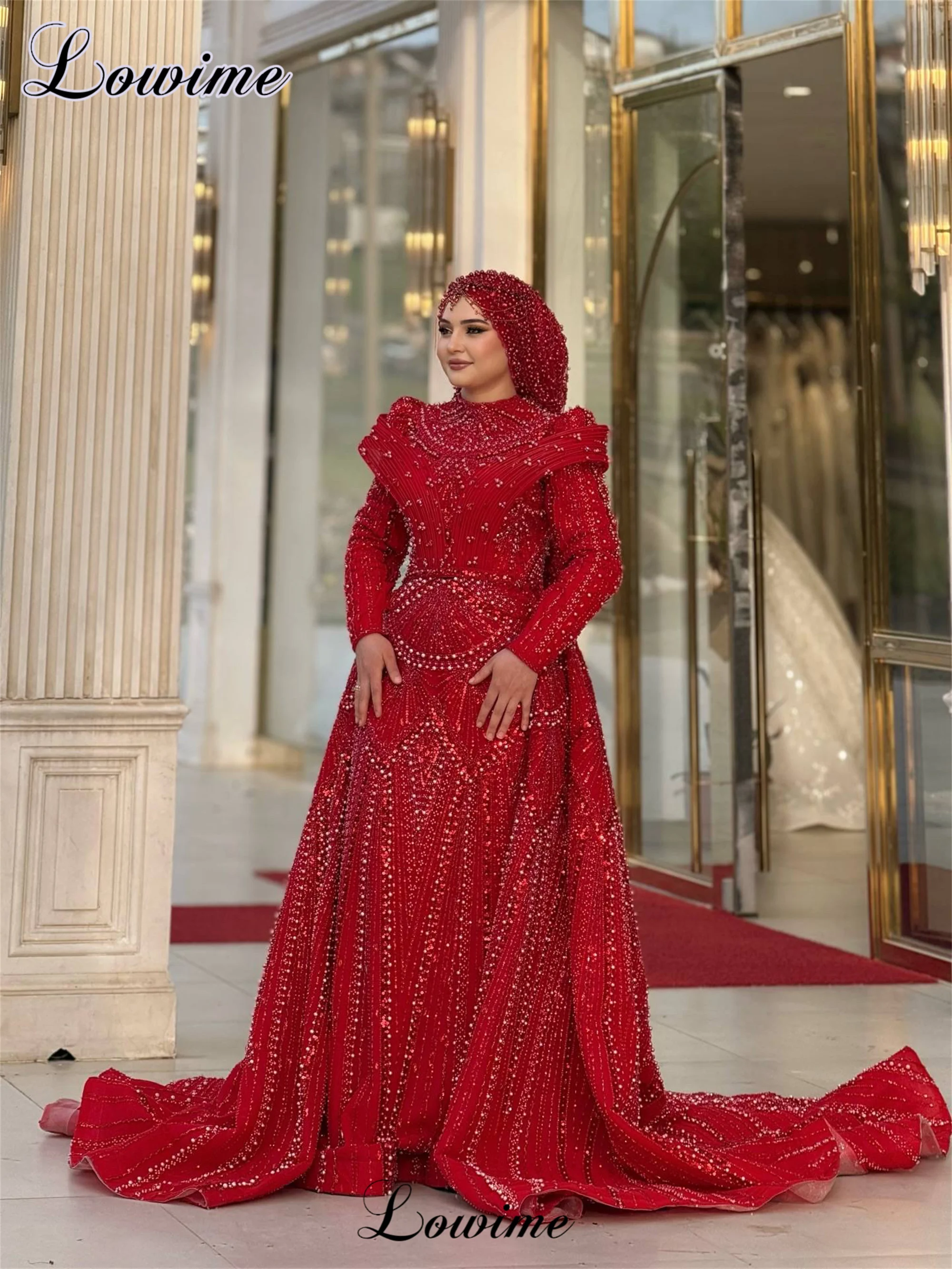 Muslim Red Evening Dresses With Detachable Train Long Sleeves Pearls Wedding Party Dresses Mermaid Robes De Soirée Customized
Muslim Red Evening Dresses With Detachable Train Long Sleeves Pearls Wedding Party Dresses Mermaid Robes De Soirée Customized
