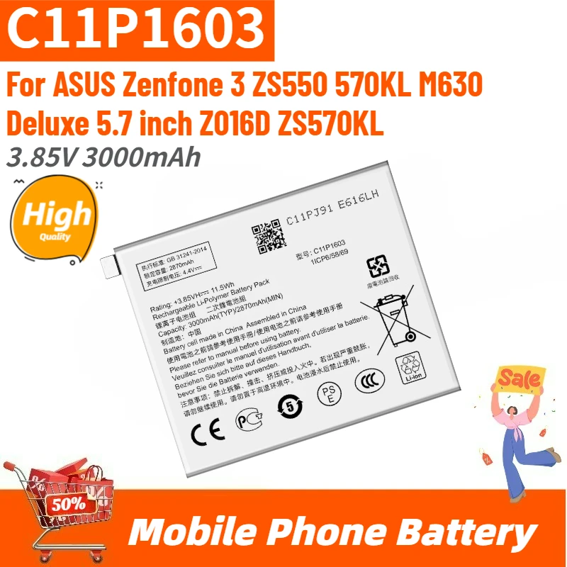 High Quality C11P1603 Phone Battery 3.85V 3000mAh For ASUS Zenfone 5.7 inch Z016D ZS570KL 3 ZS550 570KL M630 Deluxe Brand New
High Quality C11P1603 Phone Battery 3.85V 3000mAh For ASUS Zenfone 5.7 inch Z016D ZS570KL 3 ZS550 570KL M630 Deluxe Brand New