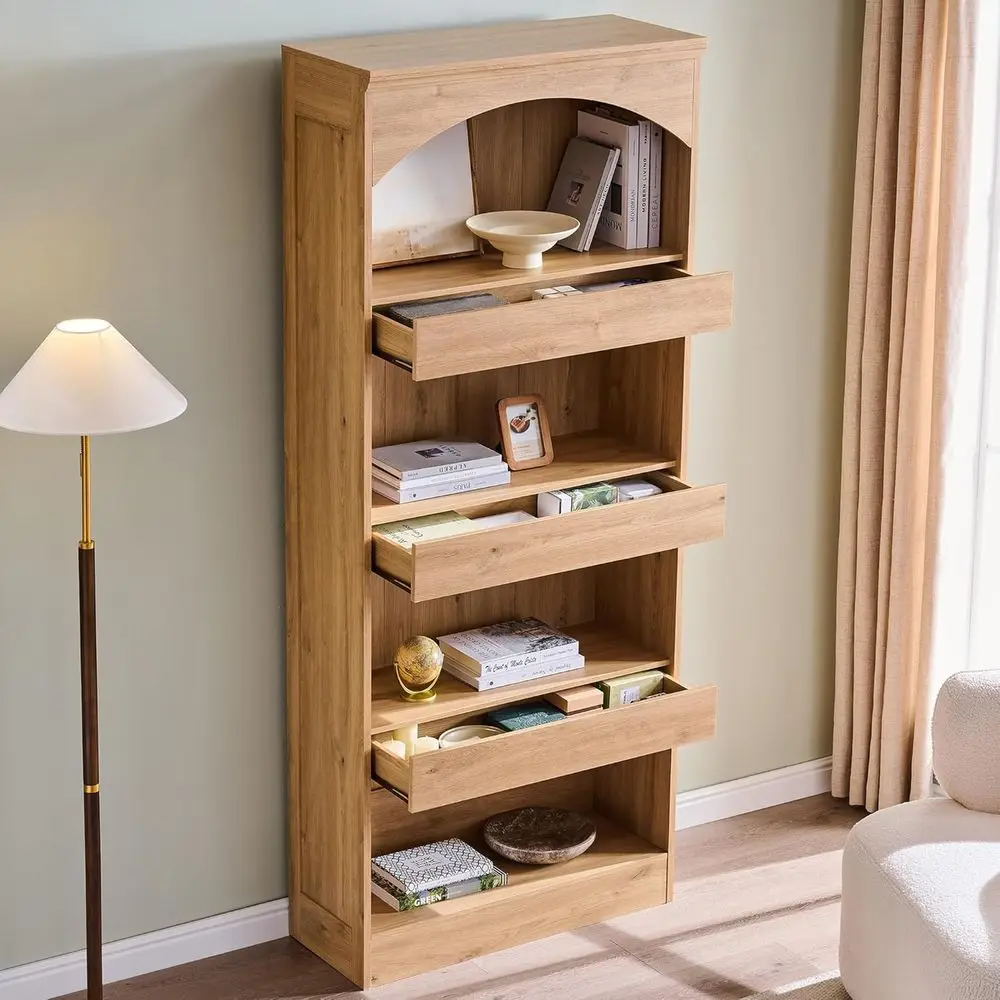 76" Tall Arched Bookcase with 1PC Magnetic Lock Der, ern Wooden Arch Bookshel w/3 Pull-Out Ders, armhouse 4 Tiers Book Shel w/Op
76" Tall Arched Bookcase with 1PC Magnetic Lock Der, ern Wooden Arch Bookshel w/3 Pull-Out Ders, armhouse 4 Tiers Book Shel w/Op
