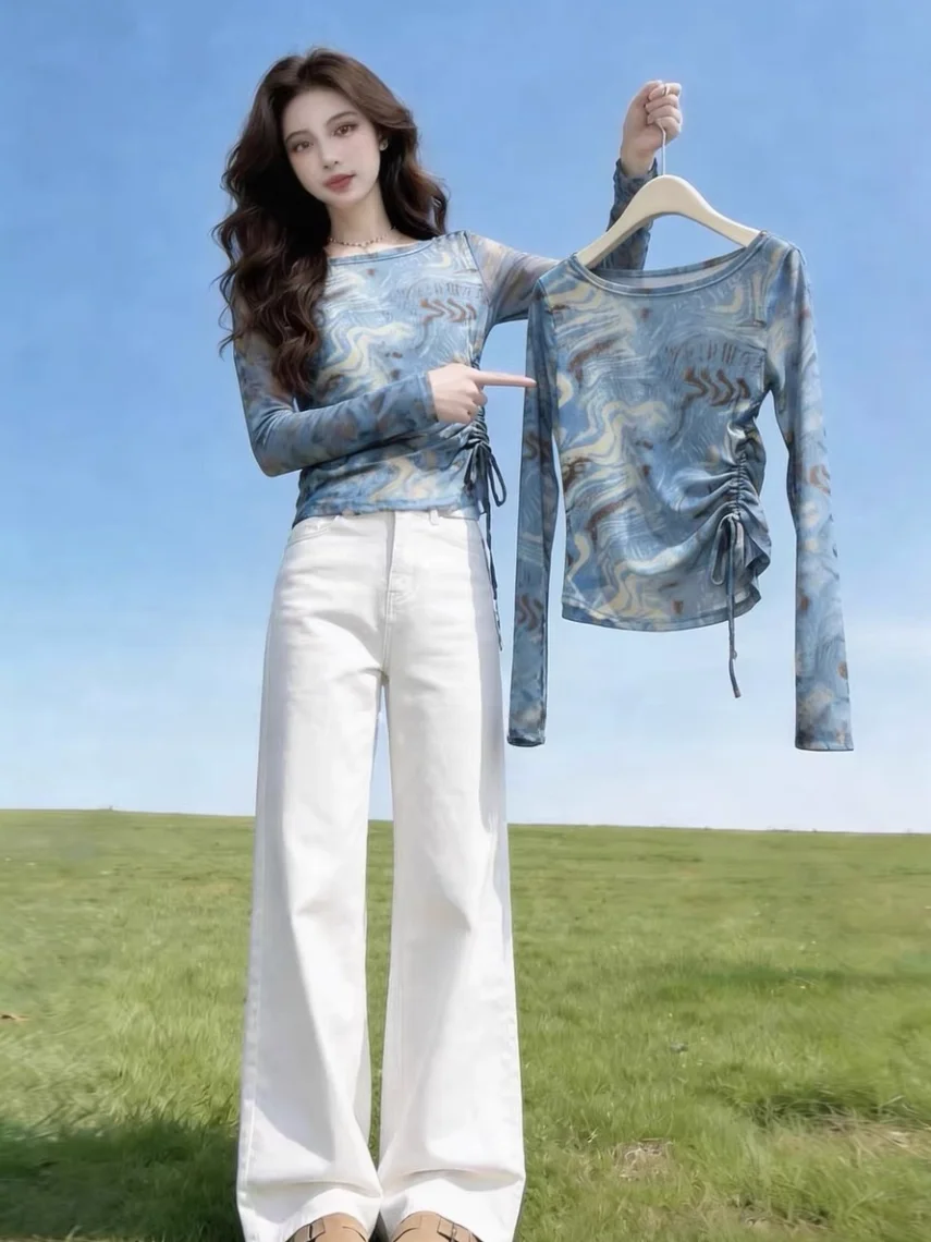 Blue Dyed T-Shirt Women's Early Spring New Waist-Cinching Thin Mesh Air Conditioning Cover up Self-Keeping Style Drawstring
Blue Dyed T-Shirt Women's Early Spring New Waist-Cinching Thin Mesh Air Conditioning Cover up Self-Keeping Style Drawstring