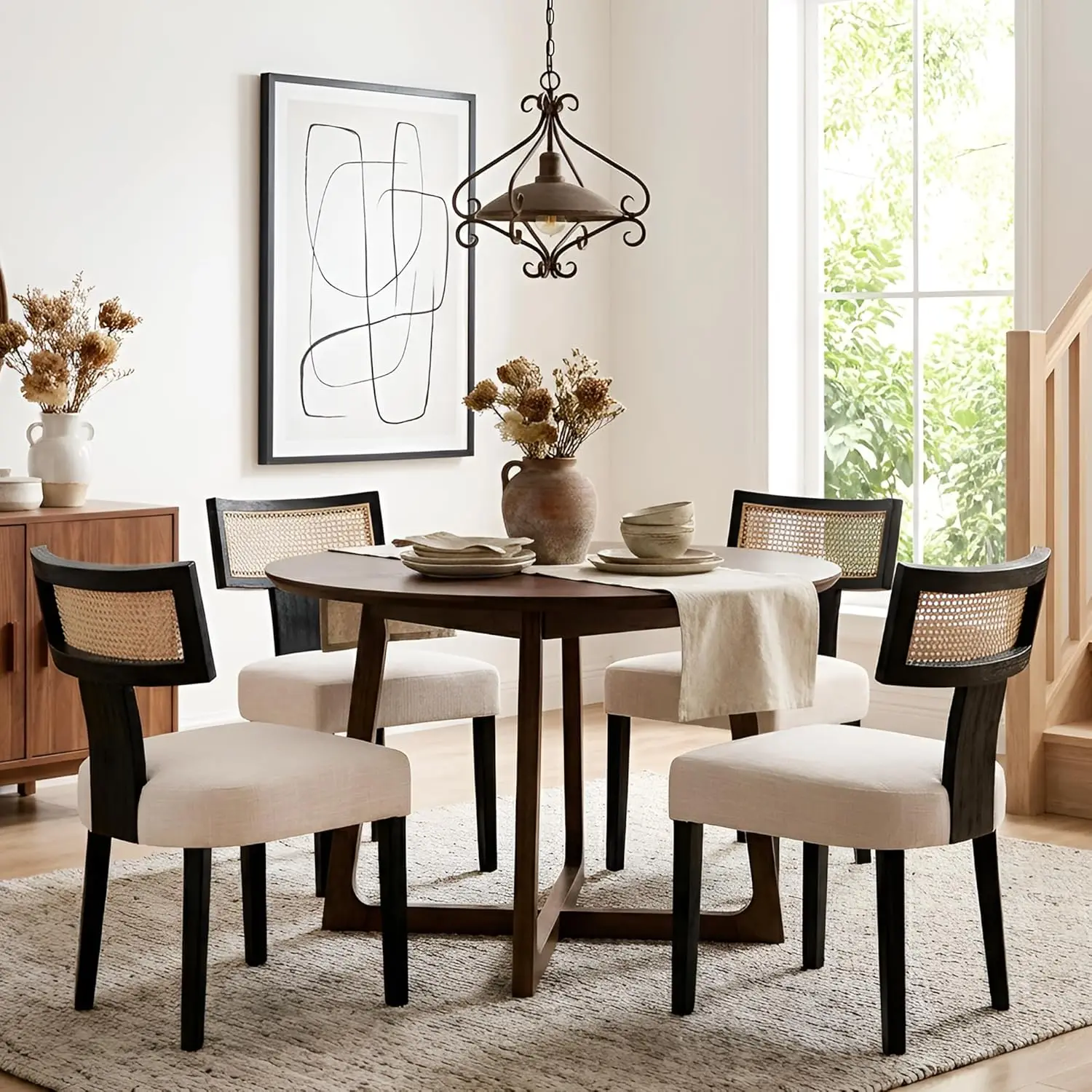 Mid Century Modern Rattan Dining Chairs Set of 4, Farmhouse Linen Upholstered Accent Chair Curved Backrest Kitchen Chairs, with
Mid Century Modern Rattan Dining Chairs Set of 4, Farmhouse Linen Upholstered Accent Chair Curved Backrest Kitchen Chairs, with
